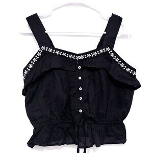 Passport 100% Cotton Embroidered white flowers on Black Crop Top SZ M